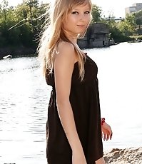 Blonde bimbo shows panty up skirt